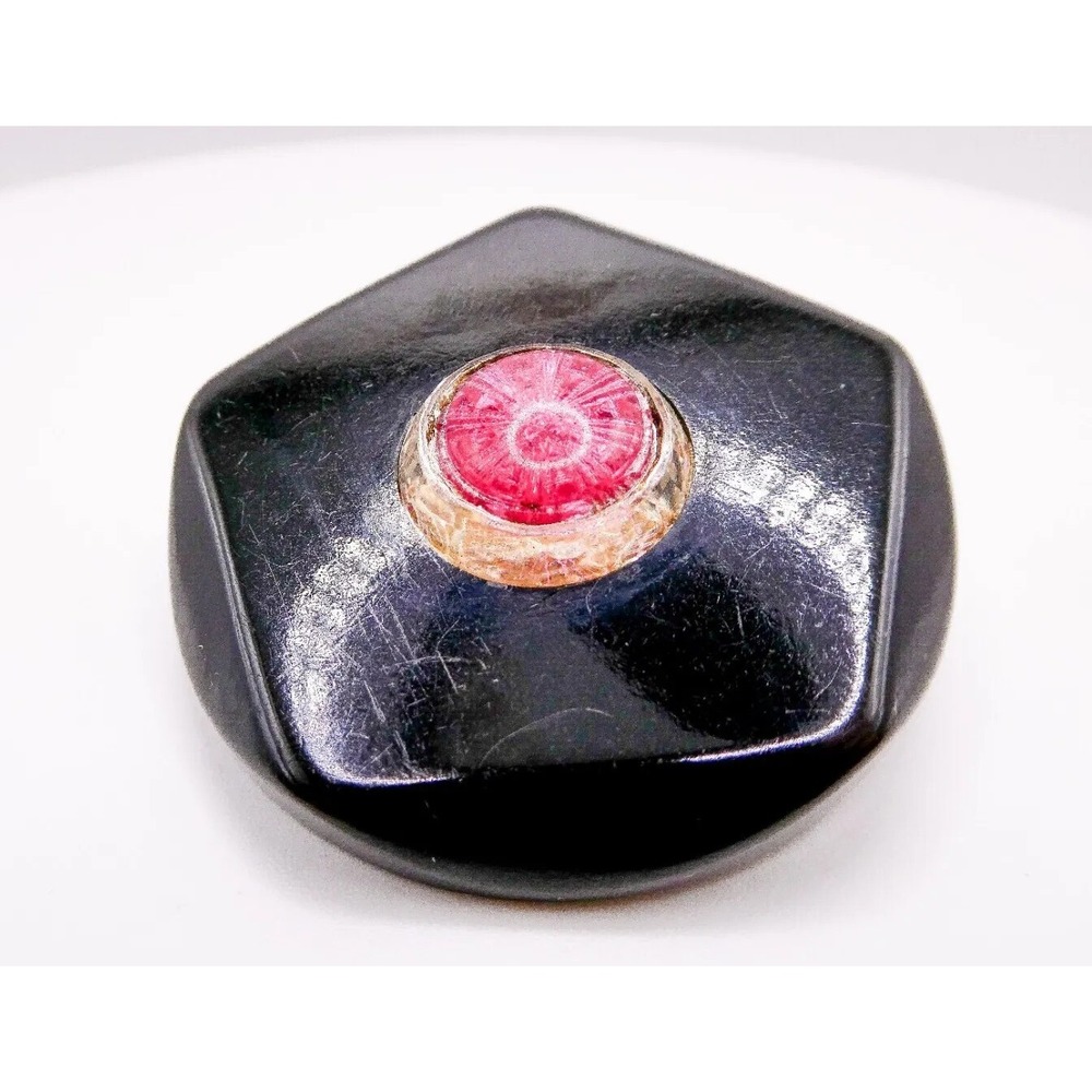 Vintage Black Bakelite Pink Starburst Rhinestone Women's 2" Brooch Pin